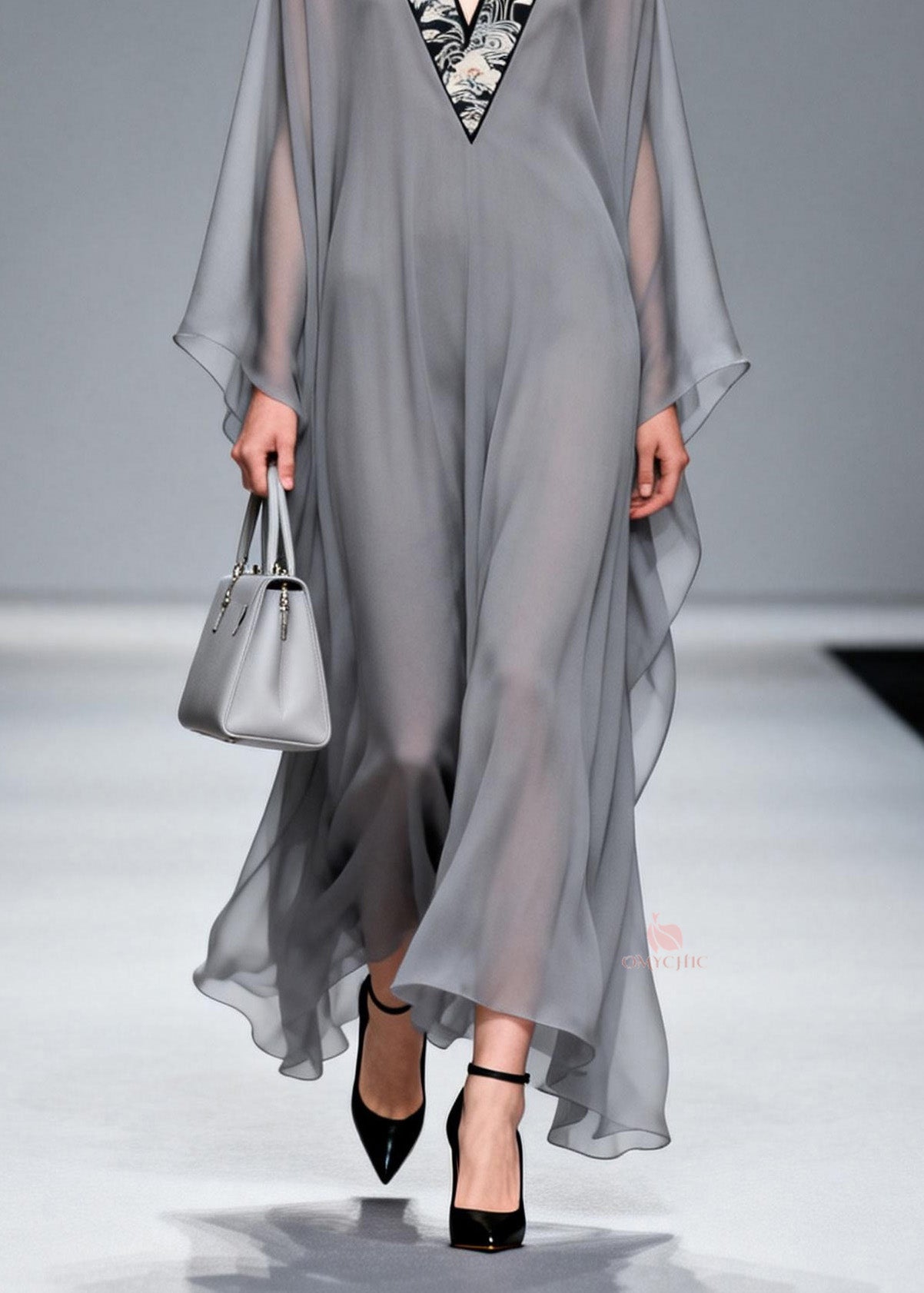 Chic Grey V Neck Patchwork Chiffon Long Dress Spring