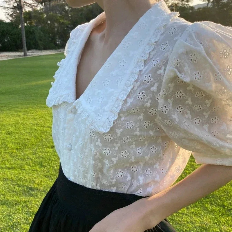 Chic Hollow Lace Puff Sleeve Peter Pan Collar Blouse