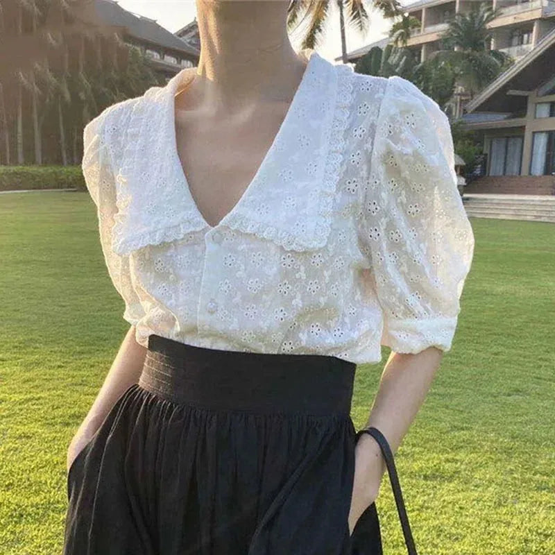 Chic Hollow Lace Puff Sleeve Peter Pan Collar Blouse