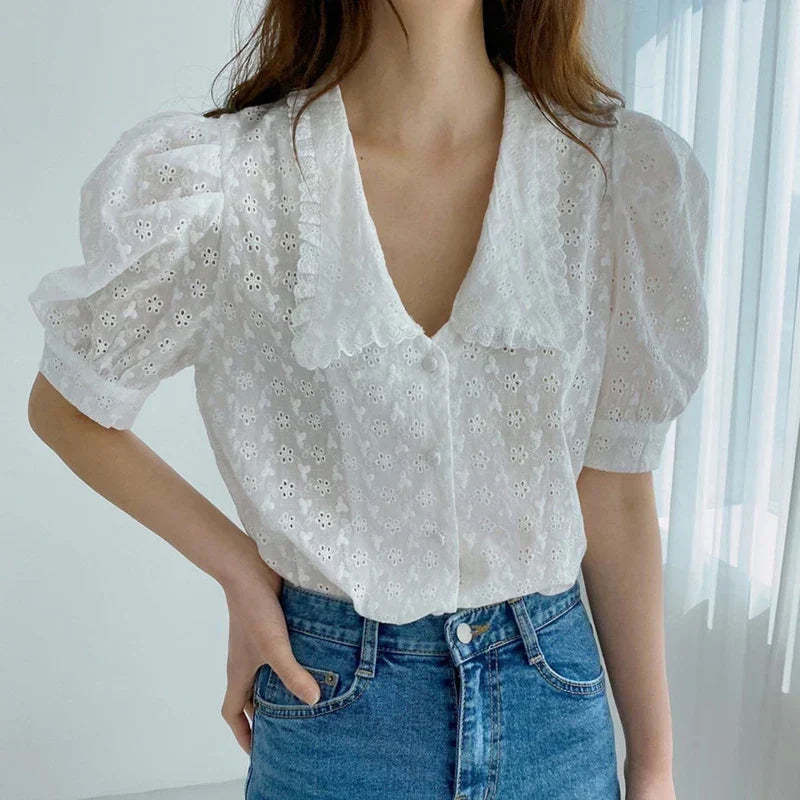 Chic Hollow Lace Puff Sleeve Peter Pan Collar Blouse