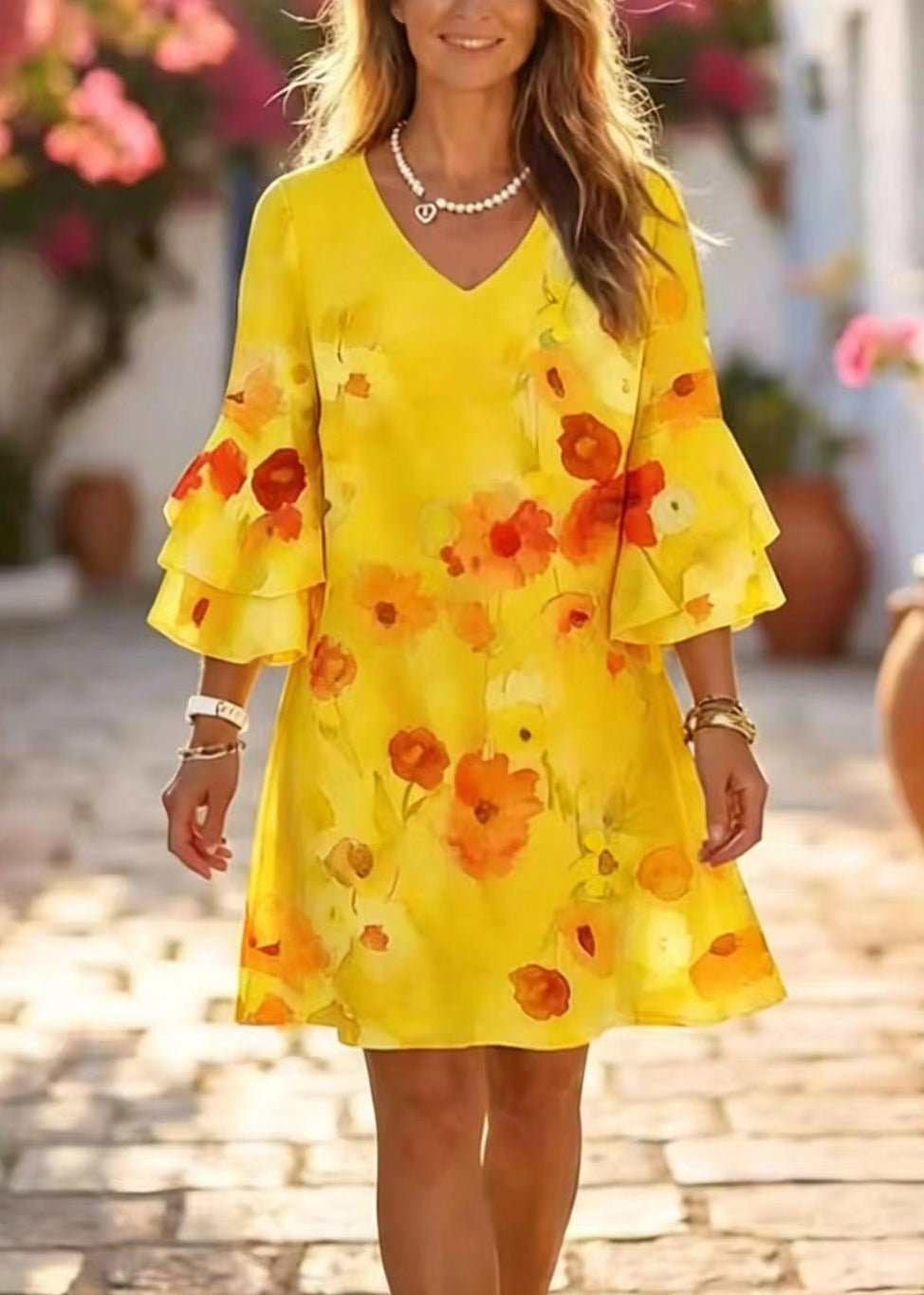 Chic Pink V Neck Print Chiffon Mini Dress Summer