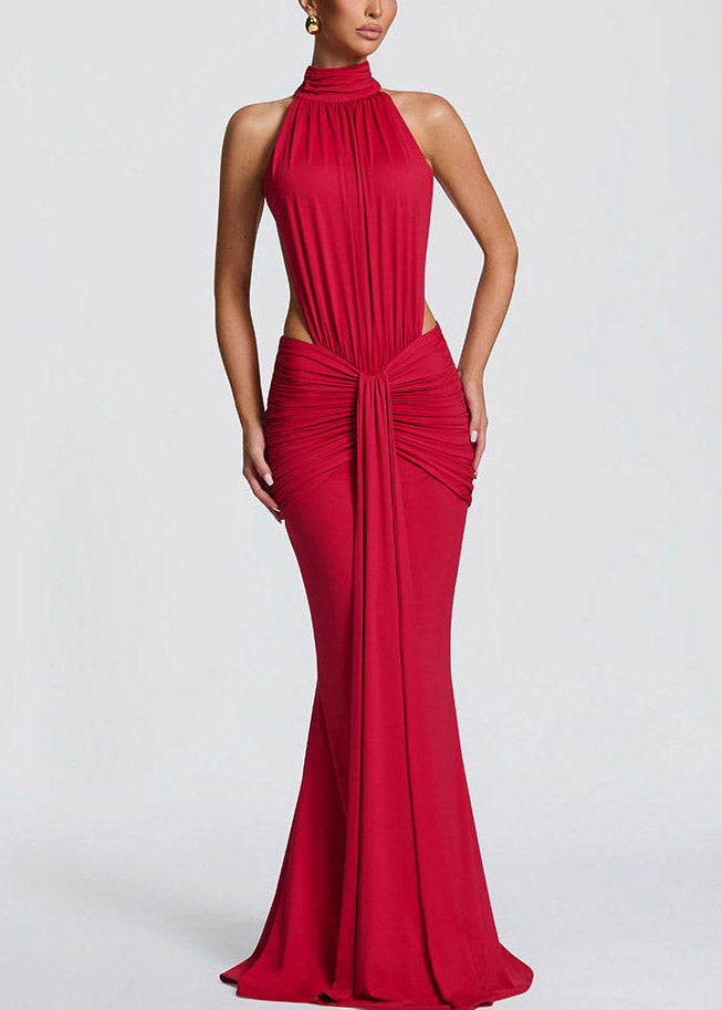 Chic Red Turtleneck Wrinkled Party Maxi Fish-Tail Dress Summer