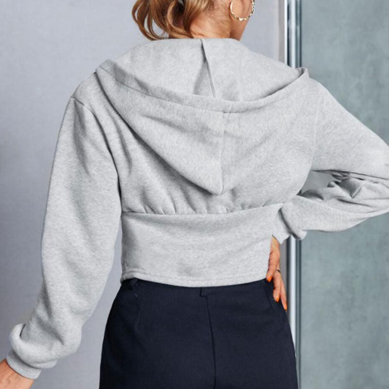 Gray Deep V-Neck Hook and Eye Drop Shoulder Long Sleeve Cropped Hoodie