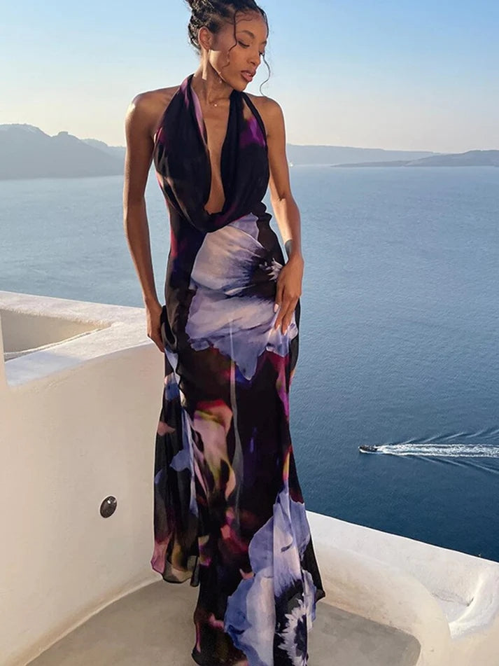 Sexy Low Back Halter Neck Floral Print Mesh Maxi Dress