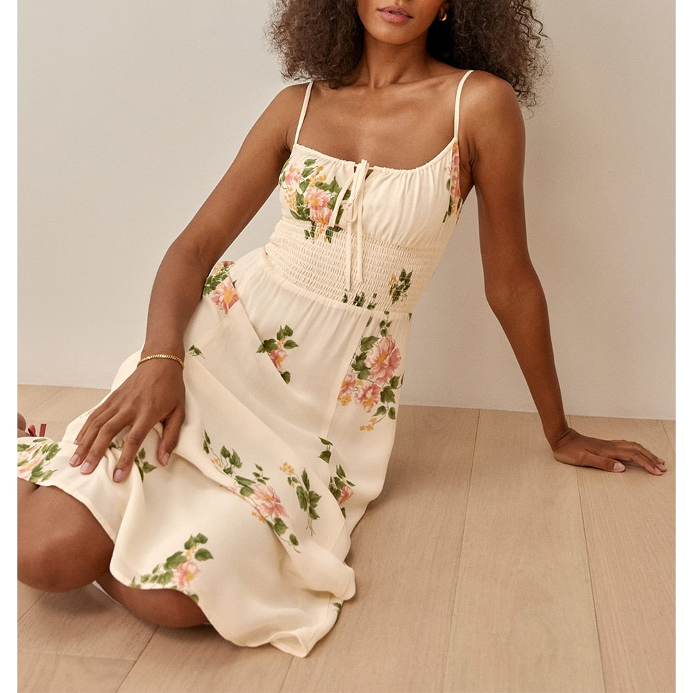 Women Summer Smocked Elastic Waist Tie Neck Sleeveless Spaghetti Strap Beach Dress
