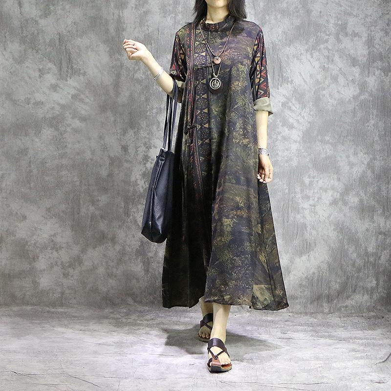 Chinese Button silk clothes Women 18th Century Outfits green prints loose Dress summer