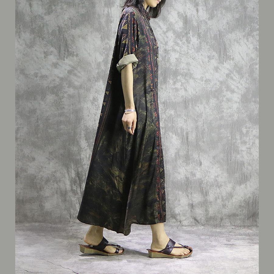 Chinese Button silk clothes Women 18th Century Outfits green prints loose Dress summer