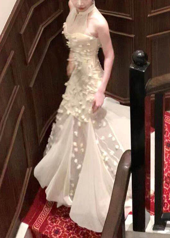 Chinese Style Apricot Stand Collar Tulle Holiday Maxi Dress Summer
