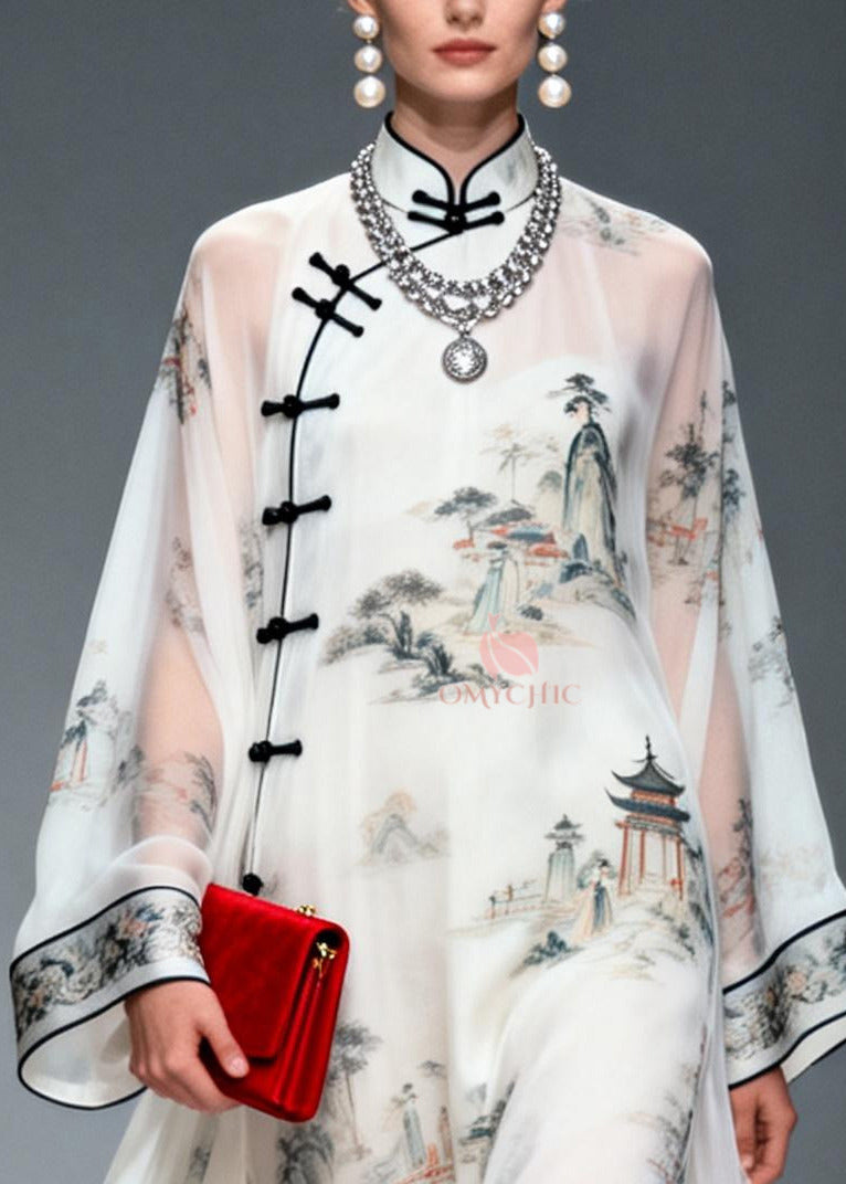 Chinese Style White Print Exra Large Hem Chiffon Dresses Summer