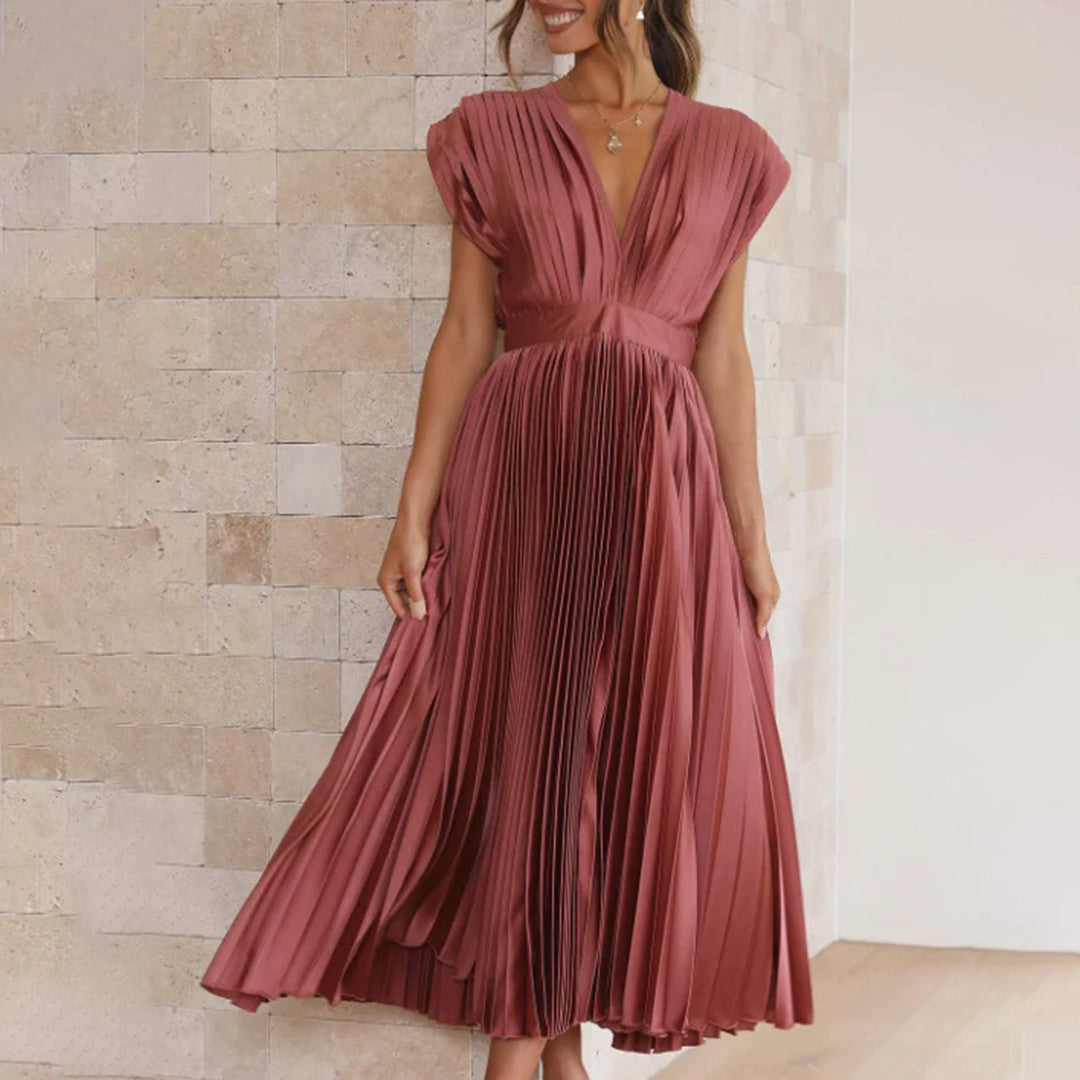 Mertxe Elegant V-neck Pleated Maxi Dress for Women Sophisticated Look