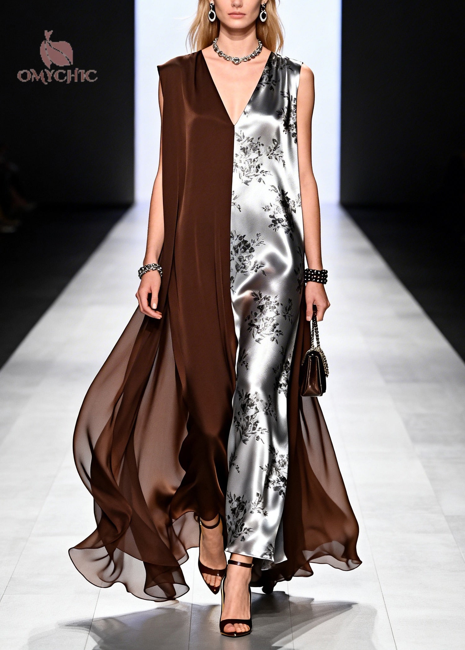 Chocolate Patchwork Chiffon Long Dress Asymmetrical Design Summer