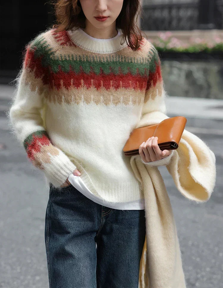 Christmas Red Thick Retro Lazy Wind Sweater Cream / S