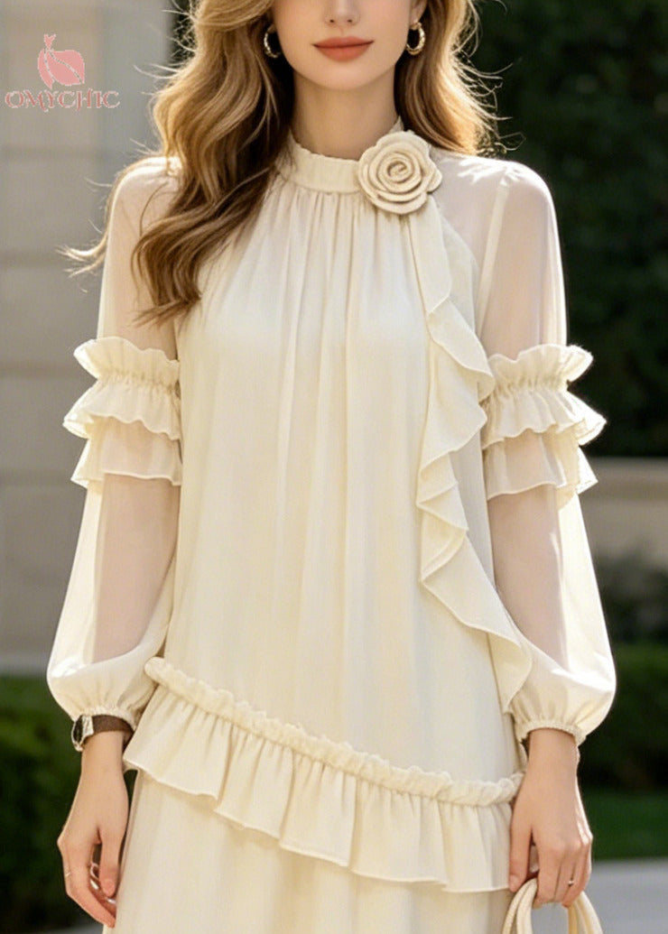 Classy Apricot Ruffled Floral Chiffon Long Dresses Summer