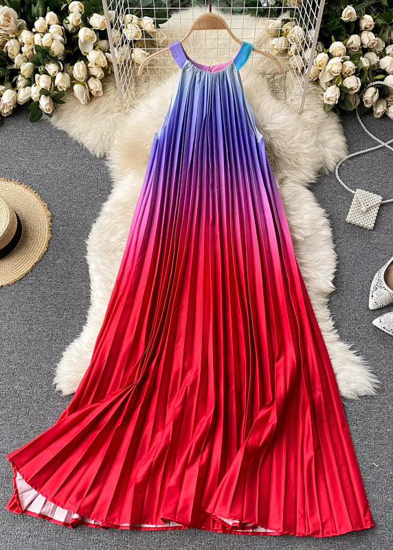Classy Blackish Green O-Neck Zippered Gradient Color Long Pleated Dress Sleeveless