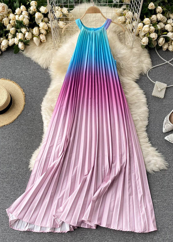 Classy Blackish Green O-Neck Zippered Gradient Color Long Pleated Dress Sleeveless