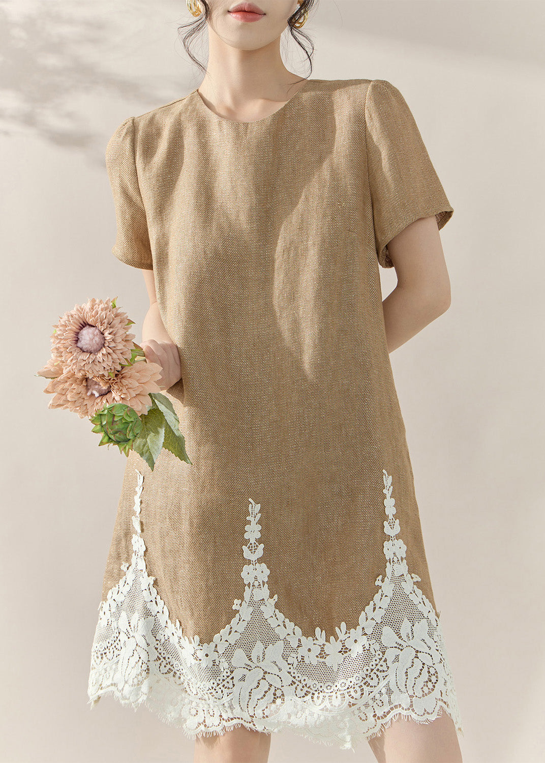 Classy Khaki O-Neck Lace Patchwork Mid Dresses Summer