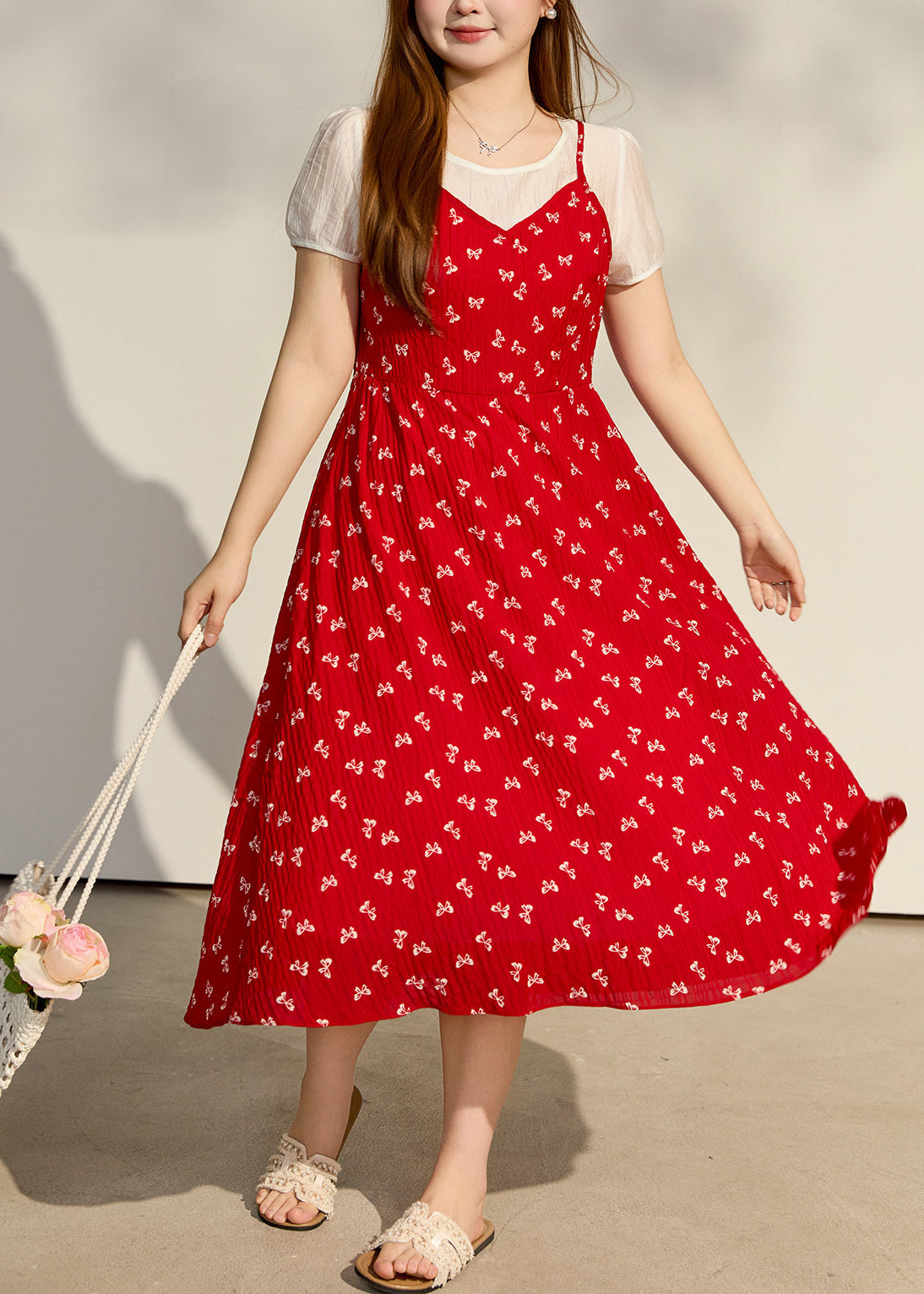 Classy Red Print Patchwork Chiffon Fake Two Piece Dresses Summer