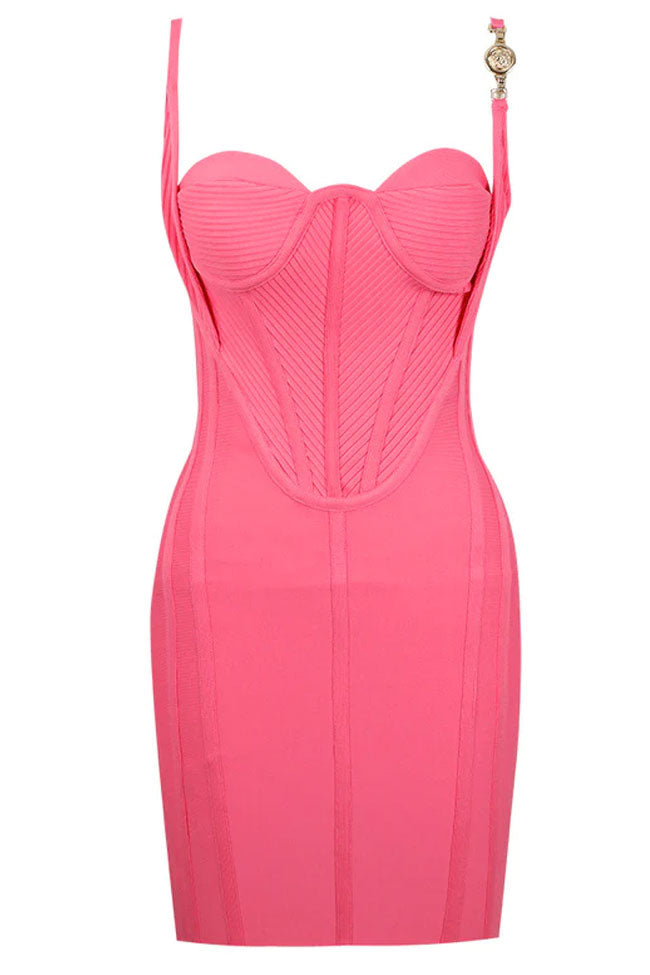 Pink Metal Trim Strap Sweetheart Corset Bandage Bodycon Mini Dress 2