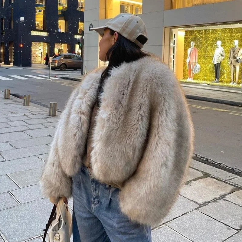 Clearance Fur Warm Furry Long Sleeve Loose Vneck Autumn Fashion Coat