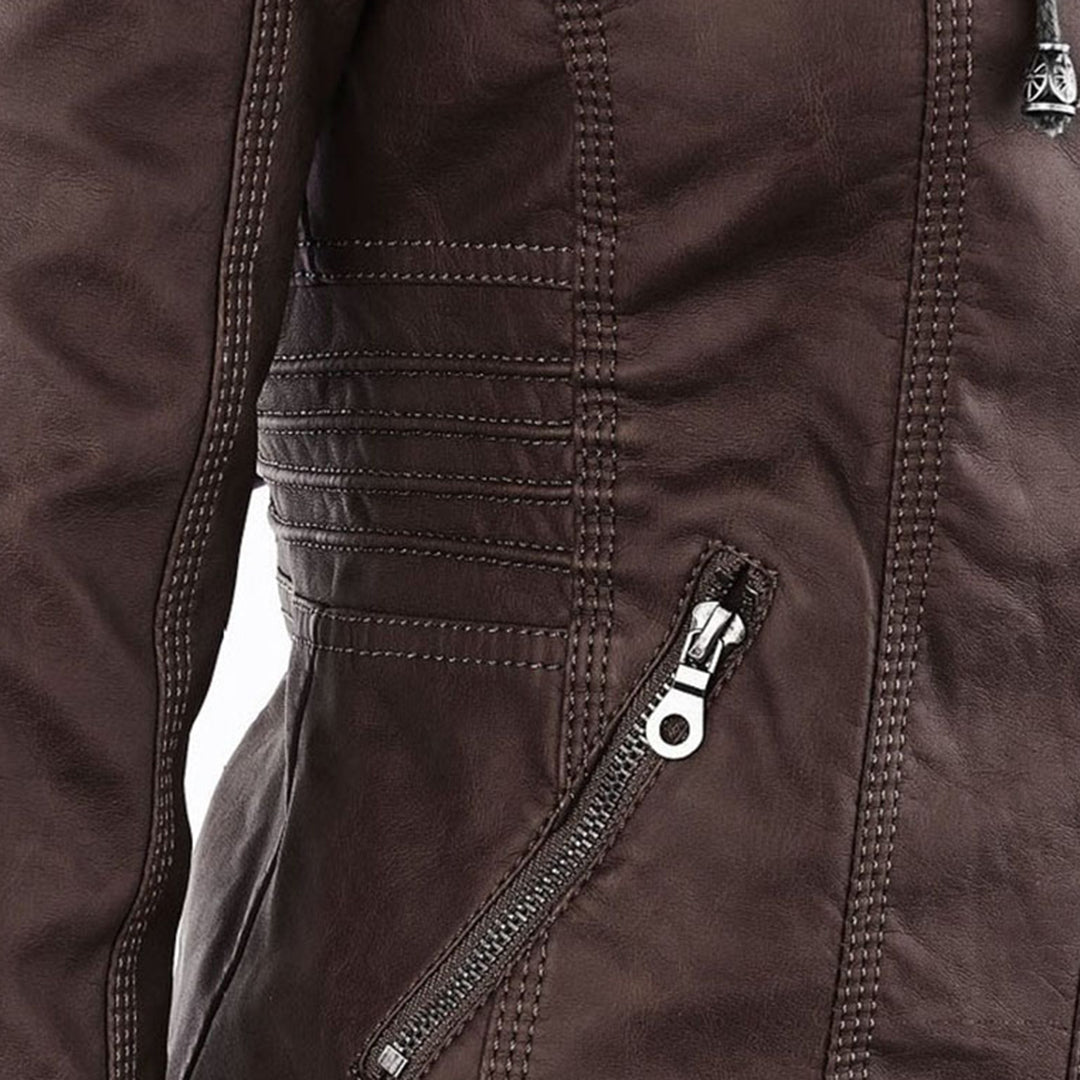 Hooded Zip Front Faux Leather Moto Biker Jacket