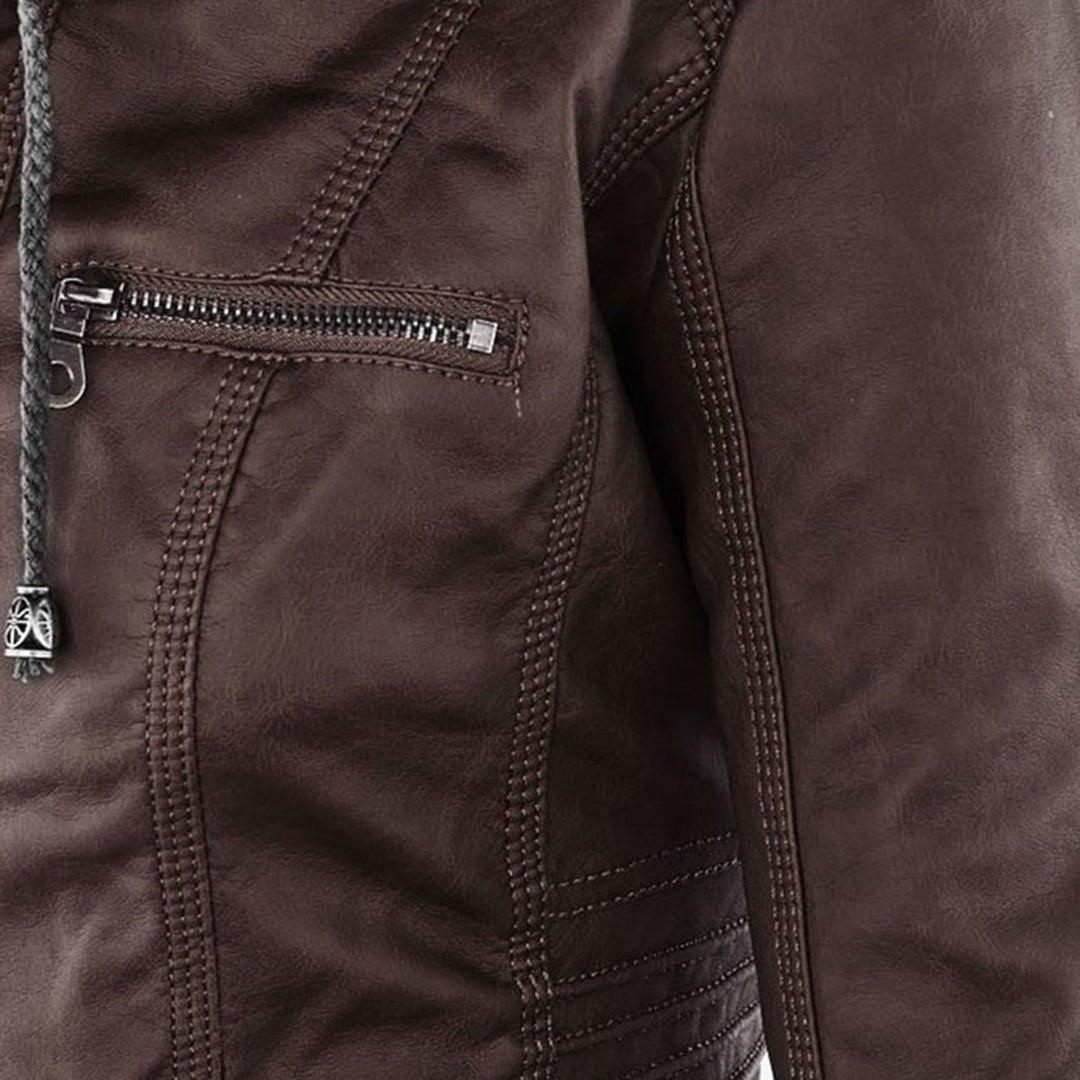 Hooded Zip Front Faux Leather Moto Biker Jacket