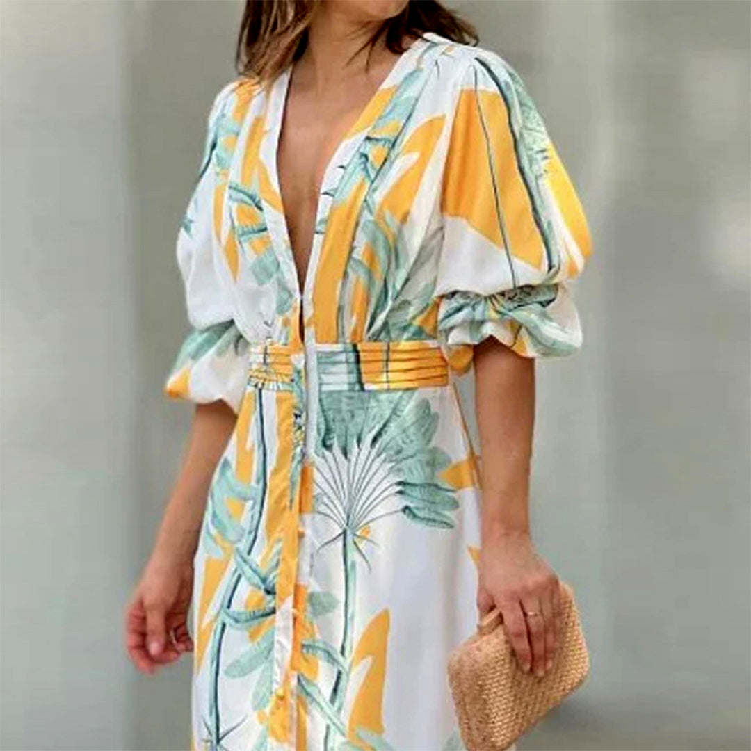 Ona Flower Print Puff Sleeve Button Maxi Dress for Women