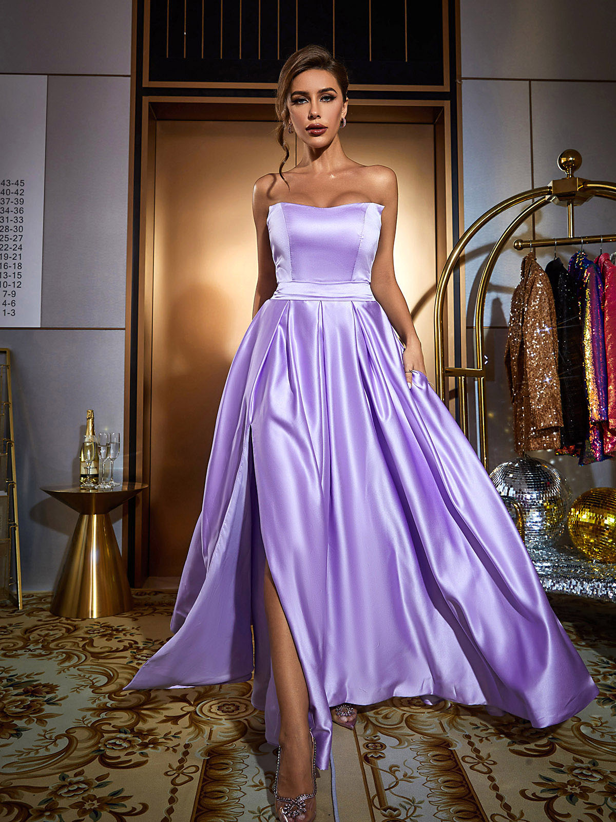 Strapless Satin High Slit Pleated A-Line Maxi Gown