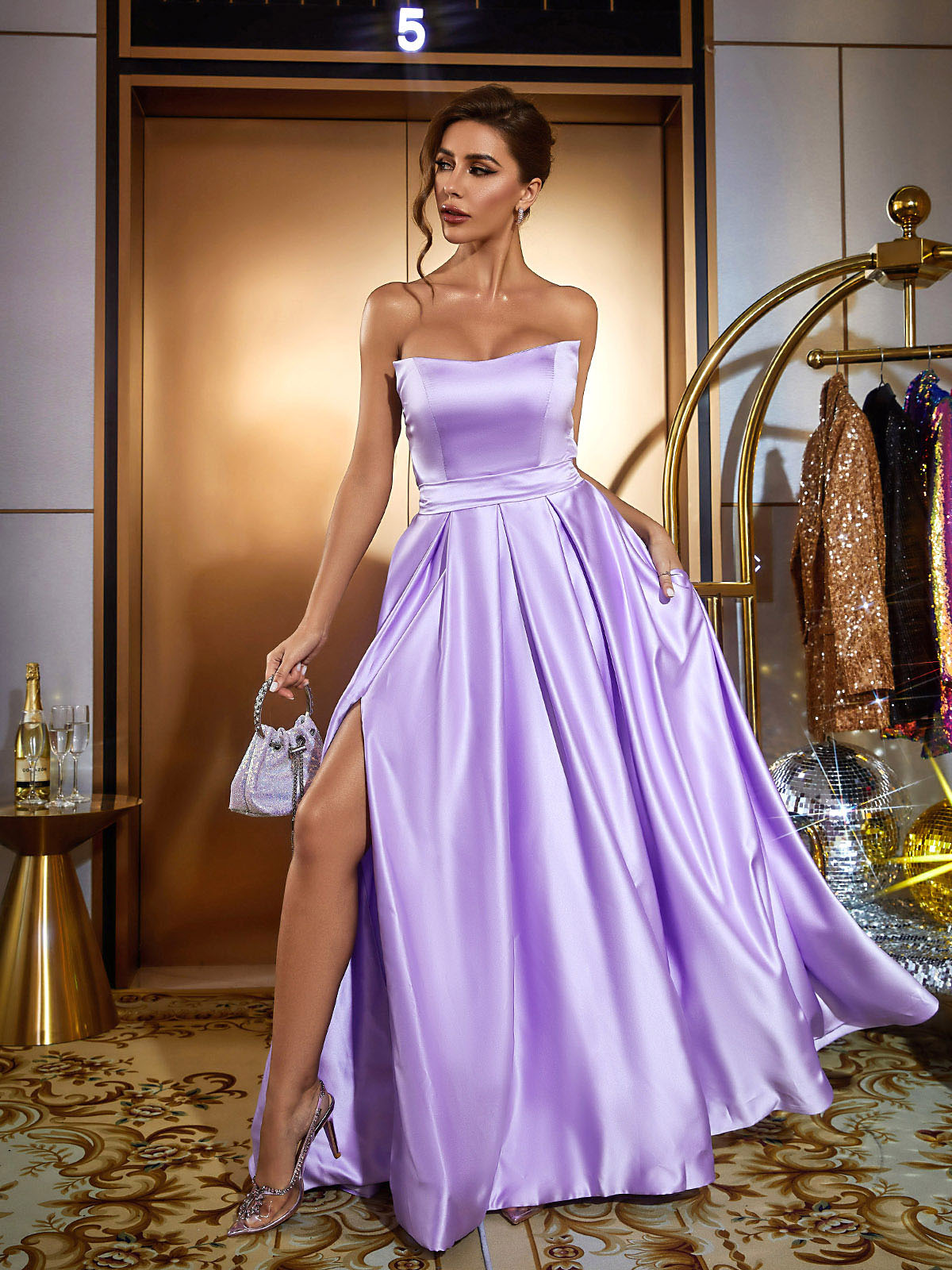 Strapless Satin High Slit Pleated A-Line Maxi Gown
