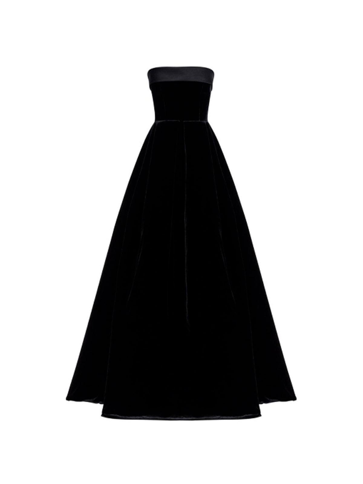 Strapless Velvet Pleated A-Line Maxi Gown