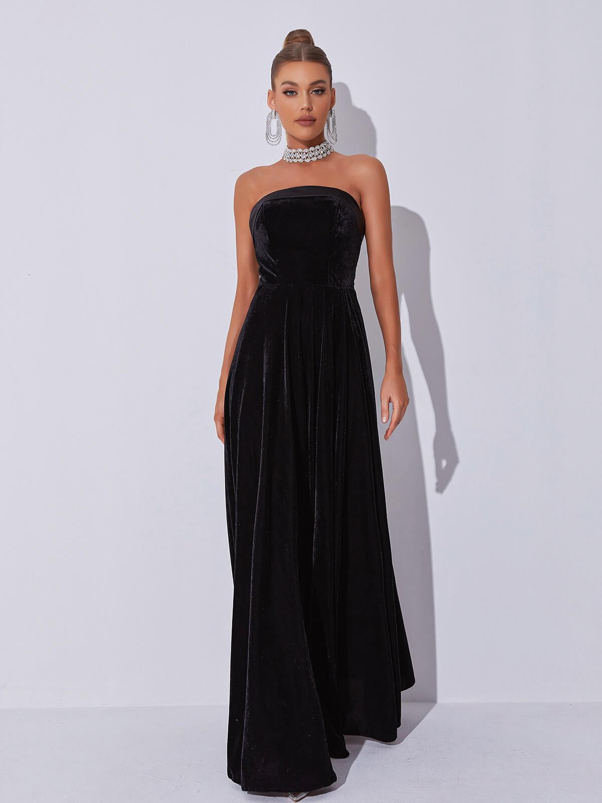 Strapless Velvet Pleated A-Line Maxi Gown