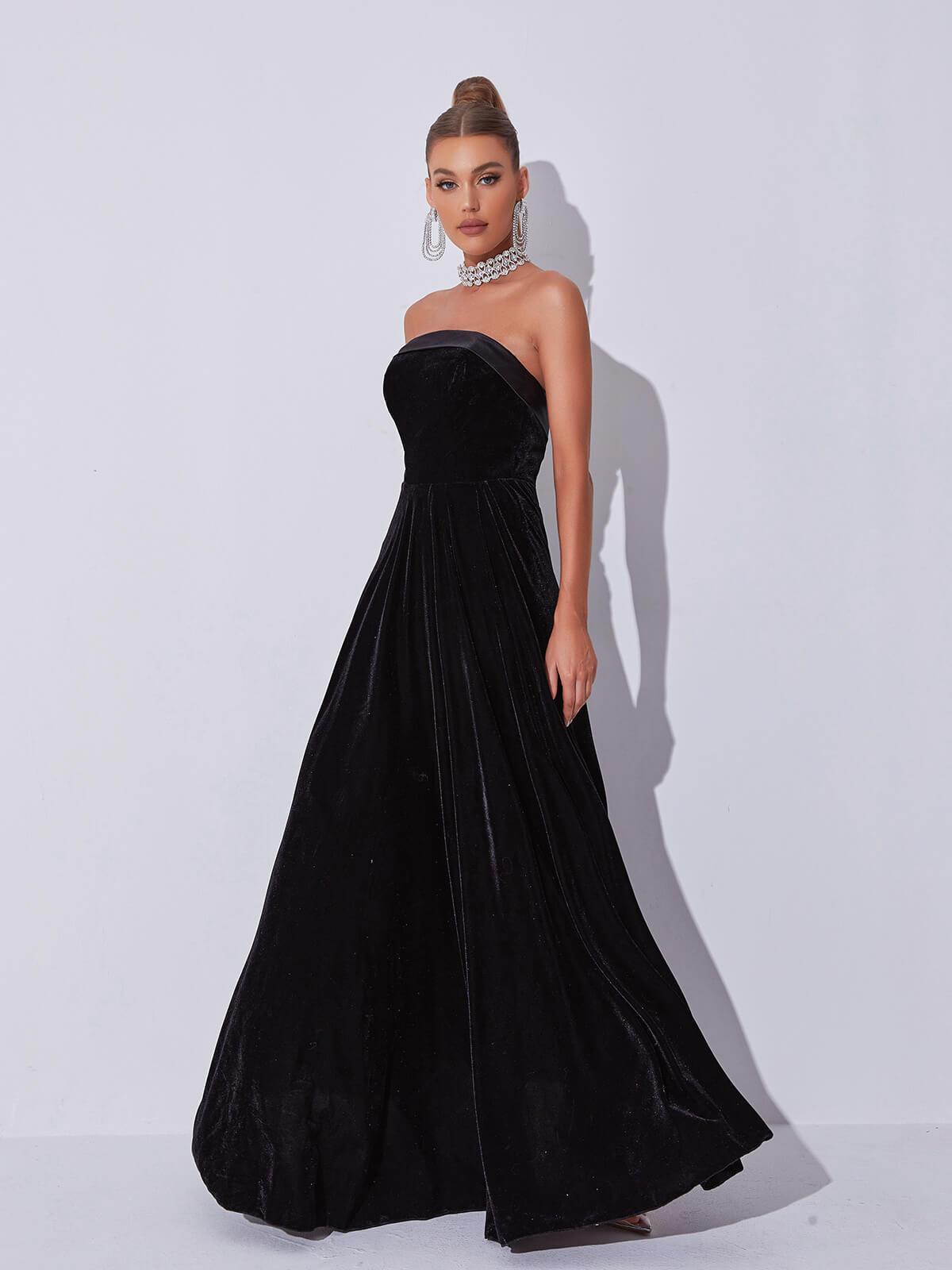 Strapless Velvet Pleated A-Line Maxi Gown