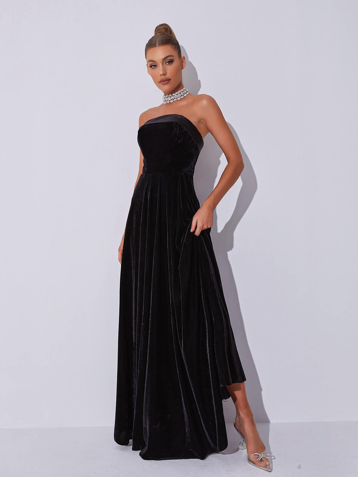 Strapless Velvet Pleated A-Line Maxi Gown
