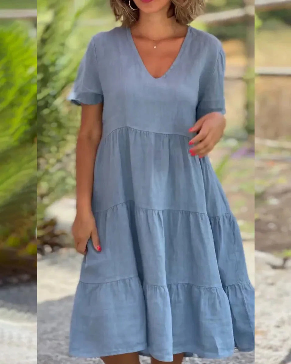 VNeck Cotton Linen Casual Swing Midi Dress