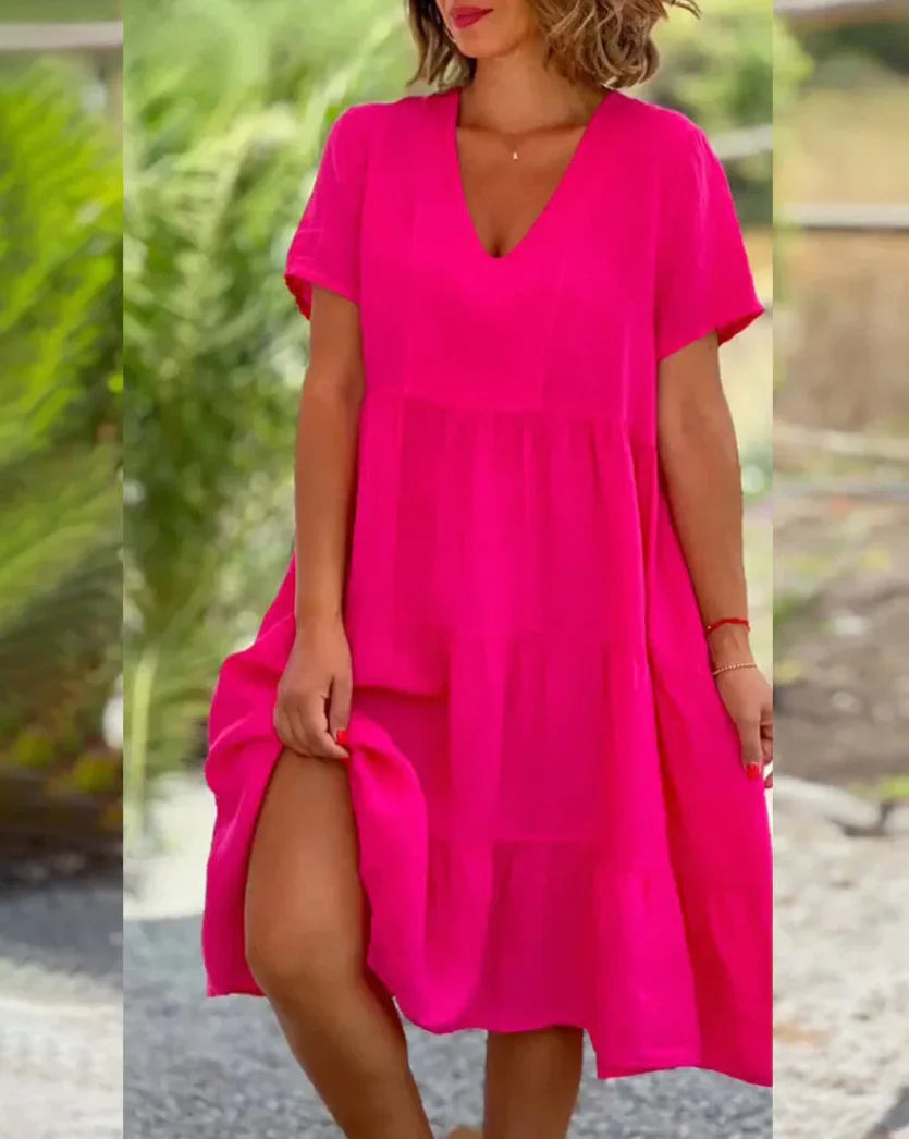 VNeck Cotton Linen Casual Swing Midi Dress