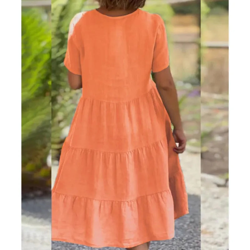 VNeck Cotton Linen Casual Swing Midi Dress