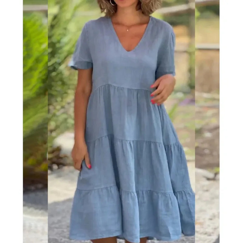 VNeck Cotton Linen Casual Swing Midi Dress