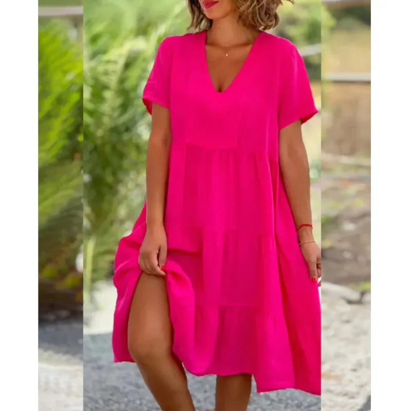 VNeck Cotton Linen Casual Swing Midi Dress