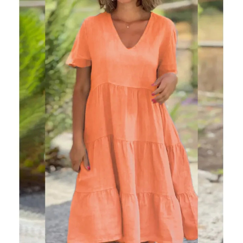 VNeck Cotton Linen Casual Swing Midi Dress