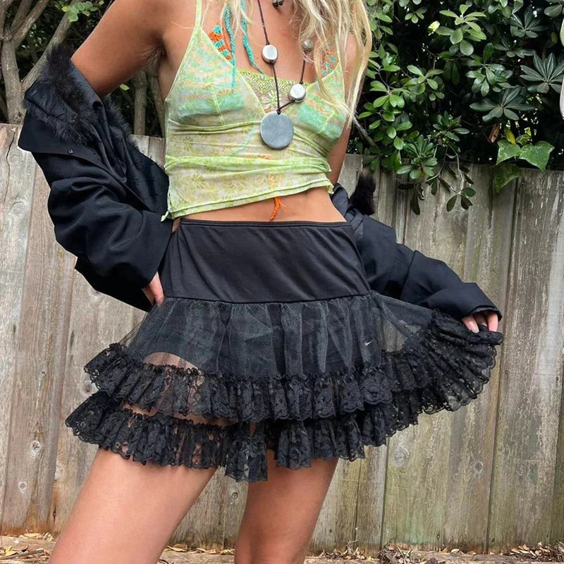 Tiered Lace Flared Vintage Skirt