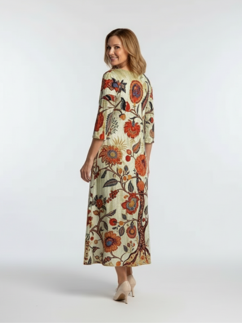 Floral V-Neck Floral Three Quarter Sleeve A-Line Midi Dress