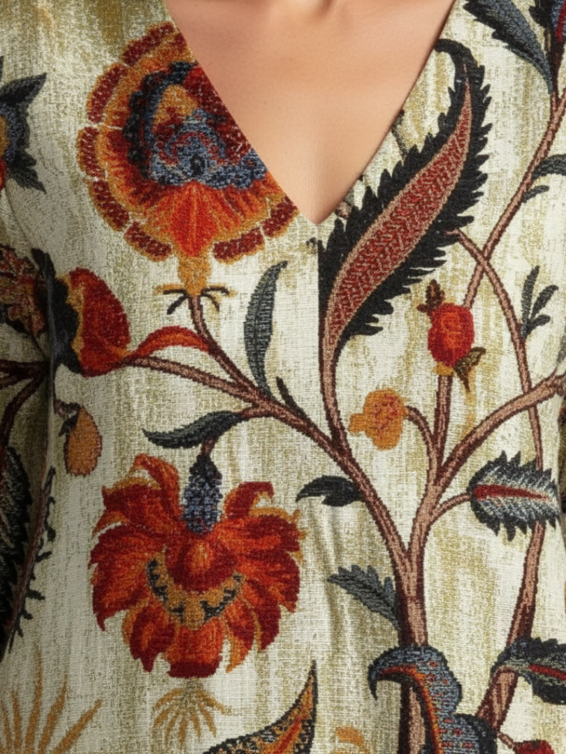 Floral V-Neck Floral Three Quarter Sleeve A-Line Midi Dress