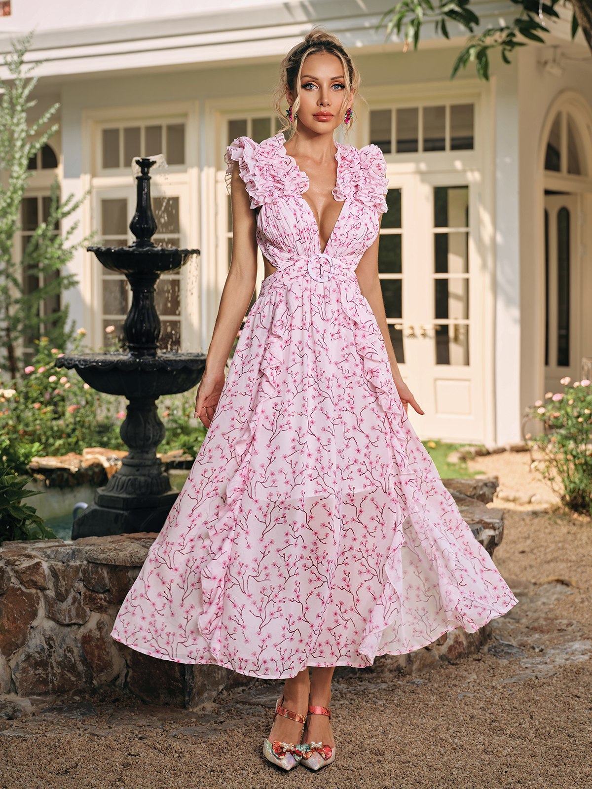 Plunge Neck Floral Maxi Dress