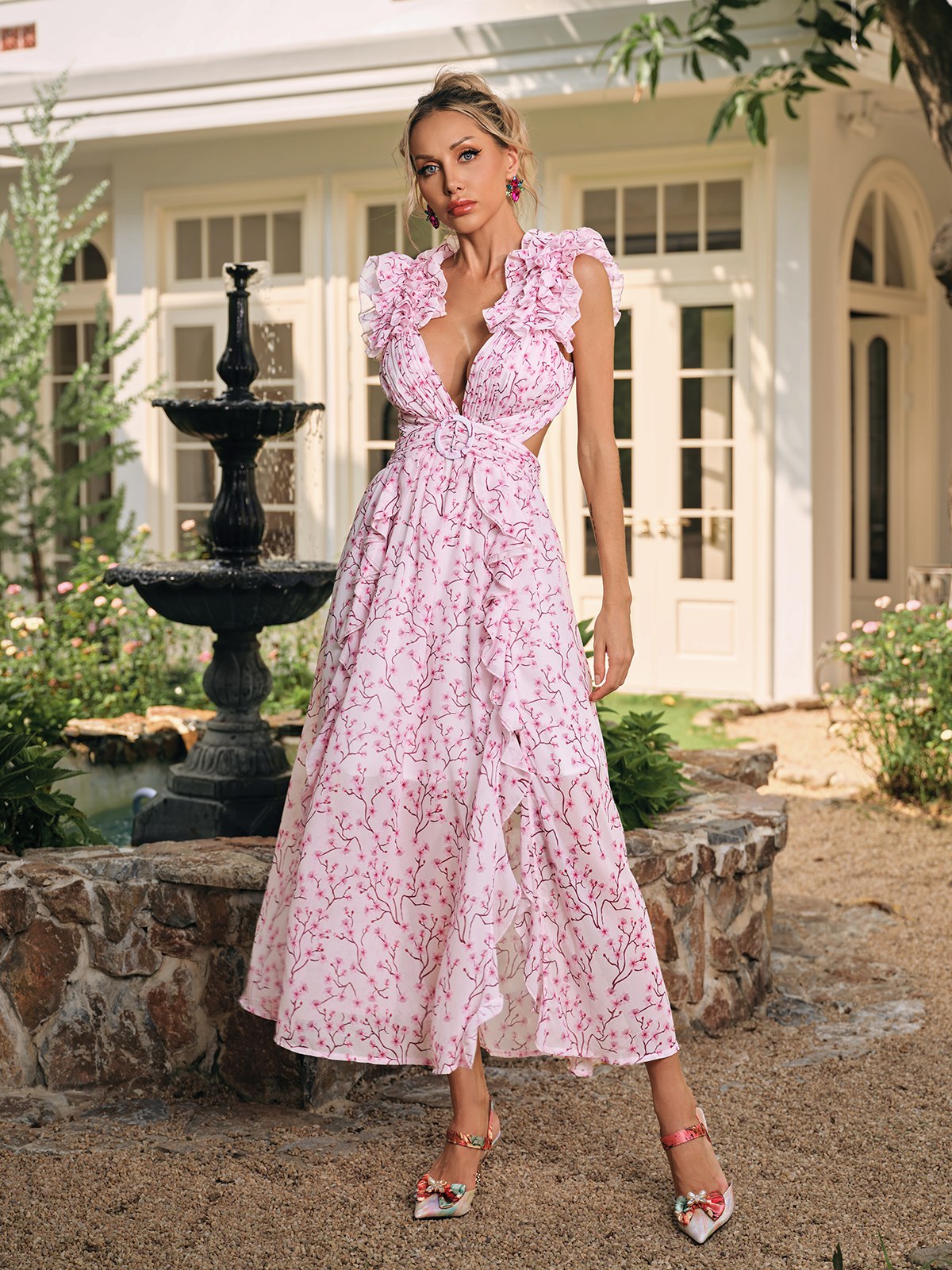 Plunge Neck Floral Maxi Dress