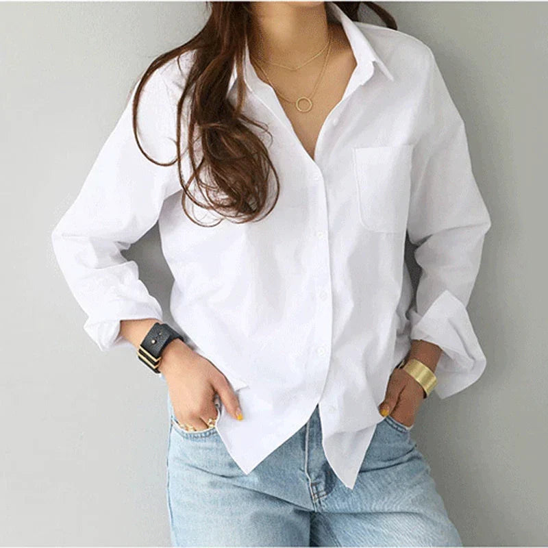Cotton White Long Sleeve Casual Ladies Blouse WHITE / S blouse-250126