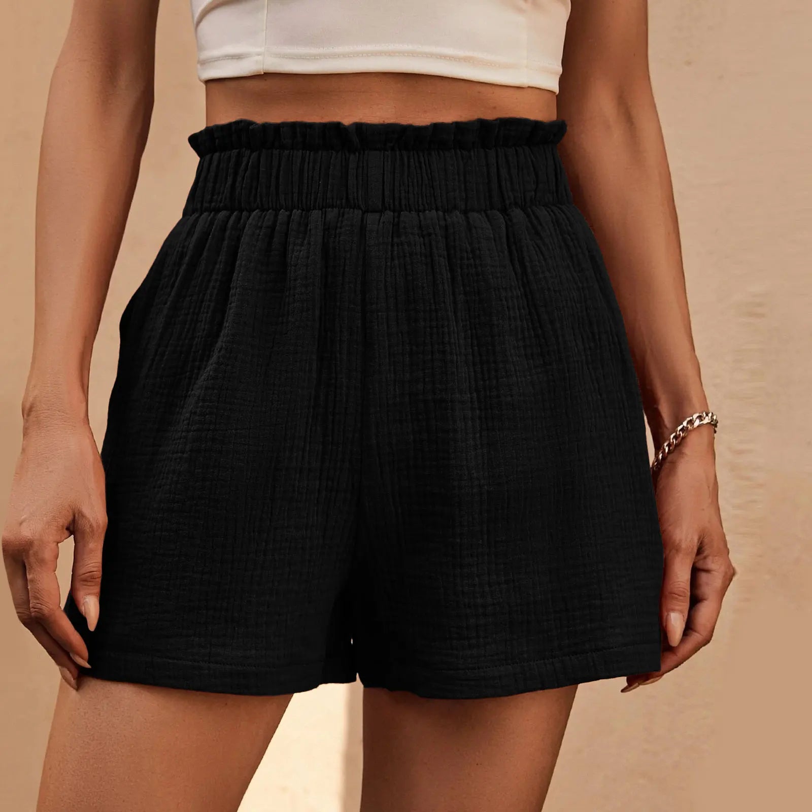 Cotton Double Layered Pleats Hem Straight Leg High Waist Sports Short Black / S