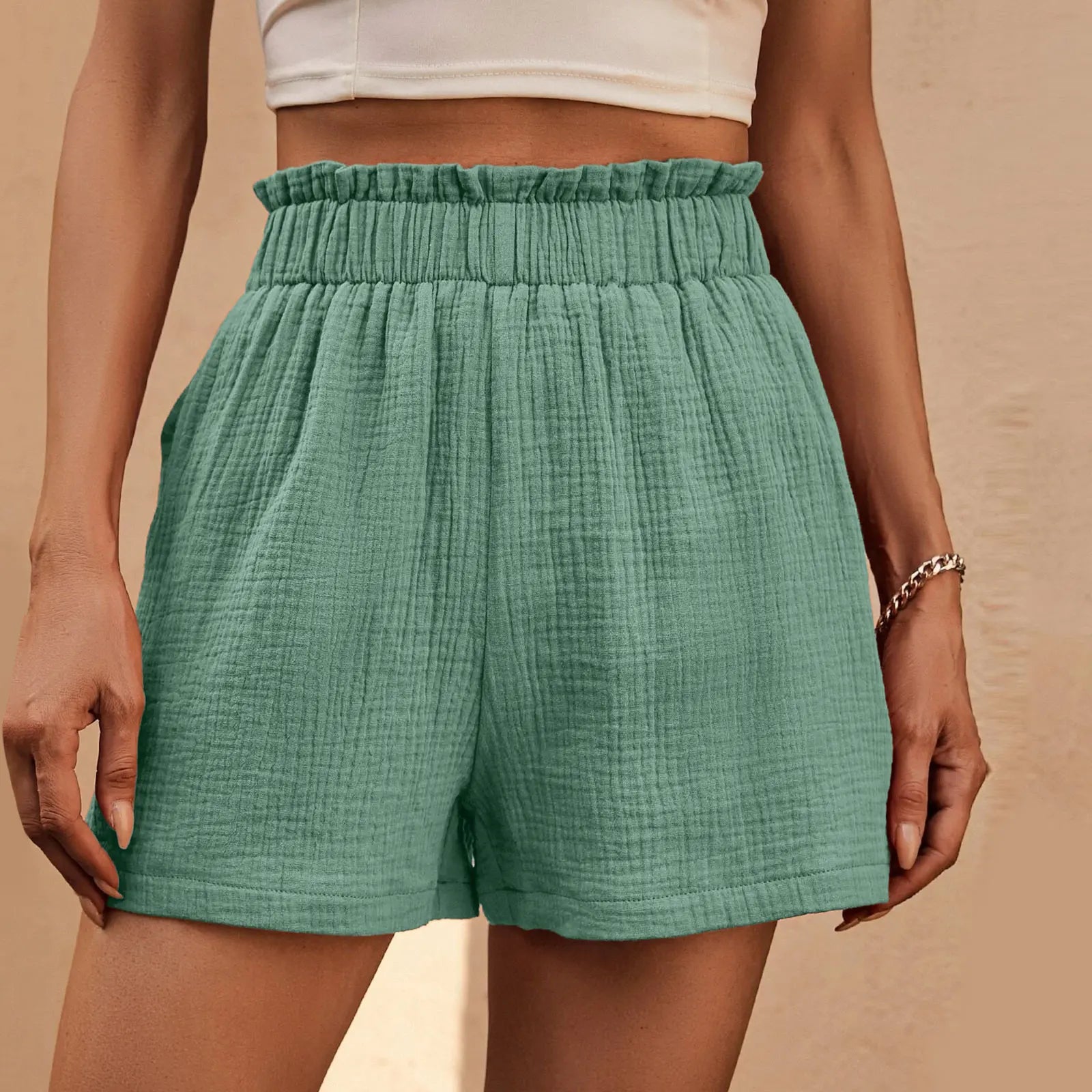 Cotton Double Layered Pleats Hem Straight Leg High Waist Sports Short Mint Green / S