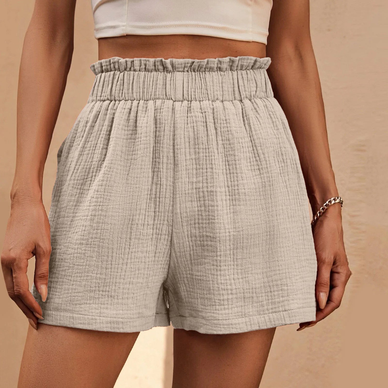 Cotton Double Layered Pleats Hem Straight Leg High Waist Sports Short