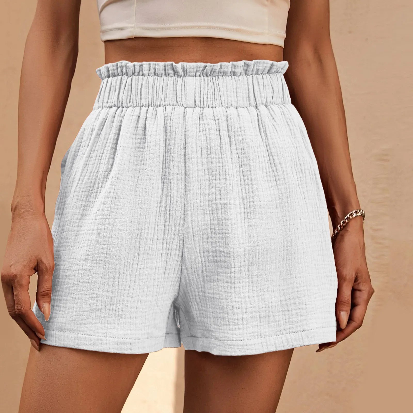 Cotton Double Layered Pleats Hem Straight Leg High Waist Sports Short White / S