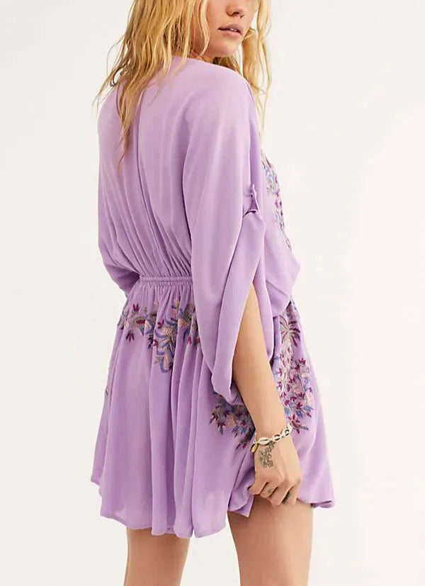 Cotton Rayon Purple Floral Embroidery Boho Dress