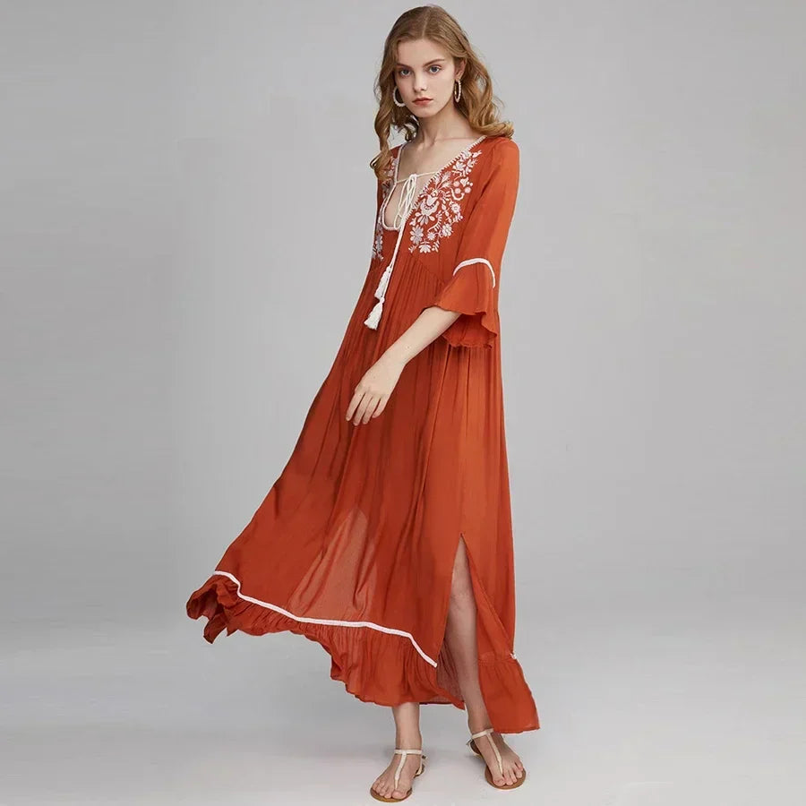 Cotton Rayon Boho Dress Orange / S bohodress-250126